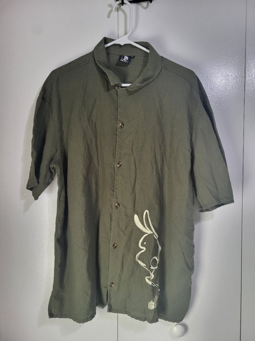 Apari XL Linen Bunny Wisp Button Down Shirt Streetwear Art Olive Green Rabbit